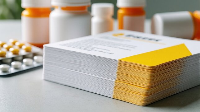Stack of white medicine leaflets with yellow corners sits on table. Blurry pill bottles, blister packs rest in background. Printed paper medical instruction sheets detail drug usage for patients.