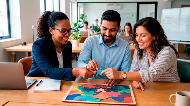 Diverse team collaborating on a puzzle in a modern office setting