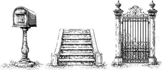 Obraz premium Set of vintage mailbox brownstone steps and ornate wrought iron gate illustrations for design background poster and architectural decoration