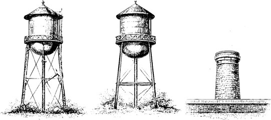 Obraz premium Vintage hand drawn water tower rooftop and chimney set for architectural background poster and label design