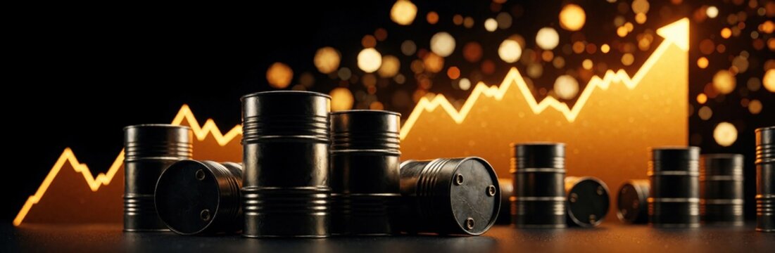 Black oil barrels stand before orange glowing rising stock chart. Economic trends show crude oil price surge, market growth. Financial data graph illustrates increasing fuel costs, global energy
