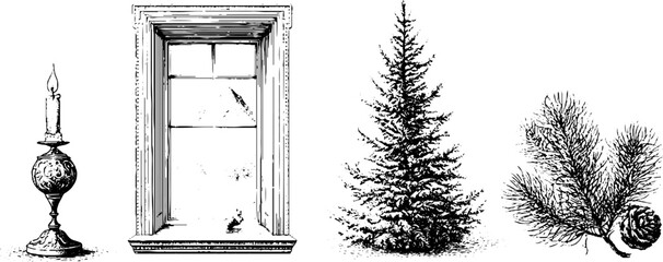 Obraz premium Black ink winter window with candle pine tree and branch illustrations for christmas card design and seasonal background