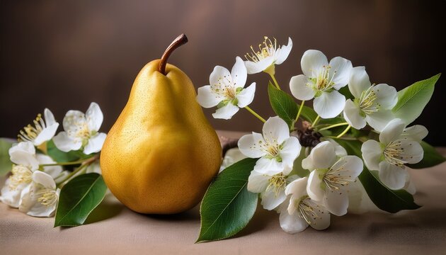 Pear And Blossom Still Life A Ripe Golden Pear Rests Beside A Delicate Branch Adorned With White Blossoms And Green Leaves Captured In A Classic Still Life Composition