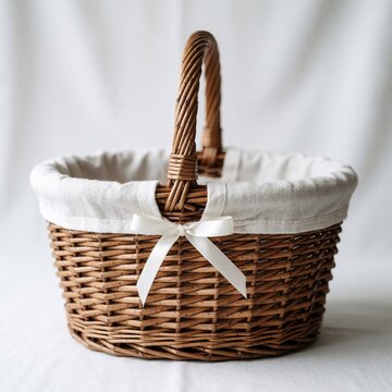 Woven wicker basket with white fabric lining and ribbon bow. Rustic handle for carrying. Natural brown container offers storage or decoration.