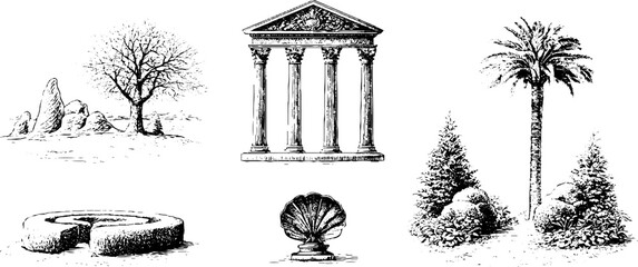 Obraz premium Assorted vintage engraved winter landscape elements with maze shell sculpture temple columns palm tree and shrubs for historical garden background and design assets