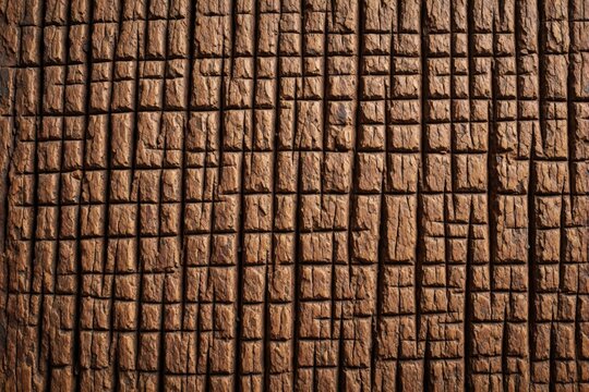 Overhead view of rough hand scraped wooden surface. Rustic brown timber features deep vertical grooves, cross hatch pattern creating abstract organic background. Weathered aged hardwood texture with