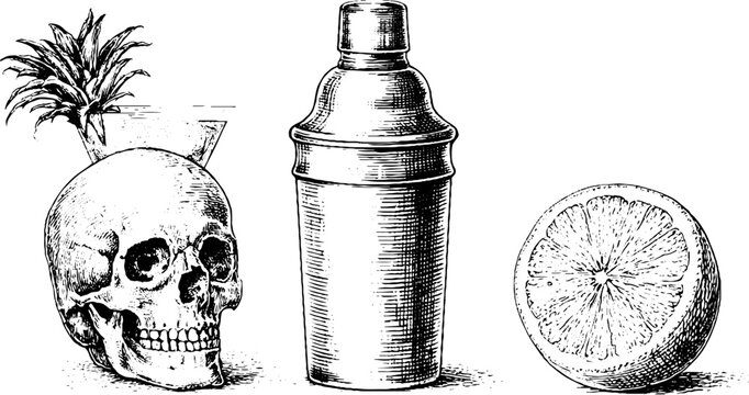 Hand drawn skull cocktail shaker orange and pineapple tropical ingredients set for bar menu and packaging design