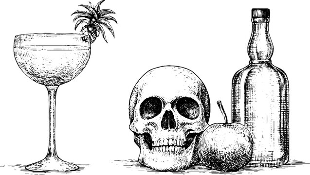 Vintage skull coupe cocktail glass bottle and apple still life arrangement for halloween bar poster and label design
