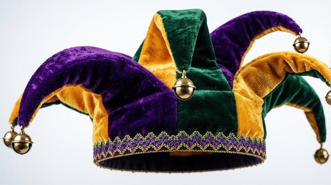 Jester hat with purple green gold colors and bells for costume party or Mardi Gras celebration. Festive accessory for carnival fun and playful events.