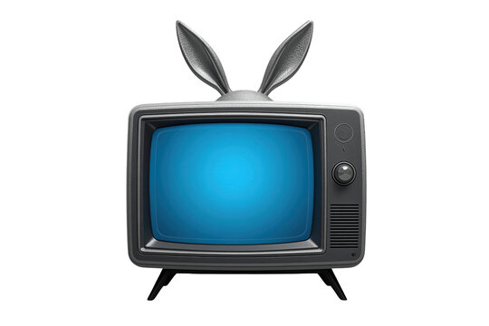 Black retro television with rabbit ear antenna and blue screen