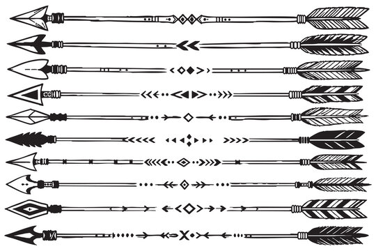 Collection of decorative arrows in black silhouette on transparent background arrow feather feathers point points shaft shafts flight flights fletching fletchings ornament ornaments design designs