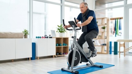 Fototapeta premium Elderly Man Cycling in Bright Therapy Gym, Focus on Senior Health and Wellness