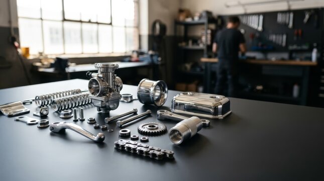 Polished chrome motorcycle parts laid out on a clean workbench in a bright workshop, symbolizing repair and customization