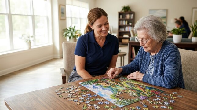 Elderly woman enjoys a jigsaw puzzle with caregiver in a bright, modern rehabilitation room