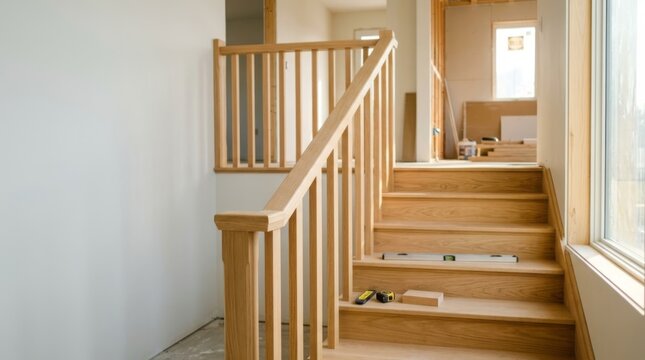 Wooden staircase railing construction with level and tape measure on steps, bright daylight interior, showcasing craftsmanship and new home build