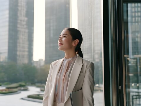 Confident Asian business woman in white suit, professional female executive standing by office window, successful entrepreneur in city