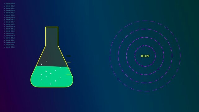 Three phases of vessel recycling analysis featuring green liquid in laboratory glass containers with concentric circular data markers glowing against a dark blue digital interface background