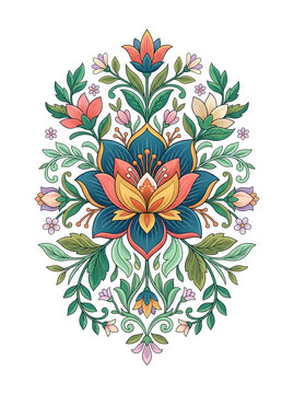 Exotic Floral Ornament with Symmetry and Vibrant Colors on White Background Vector Illustration