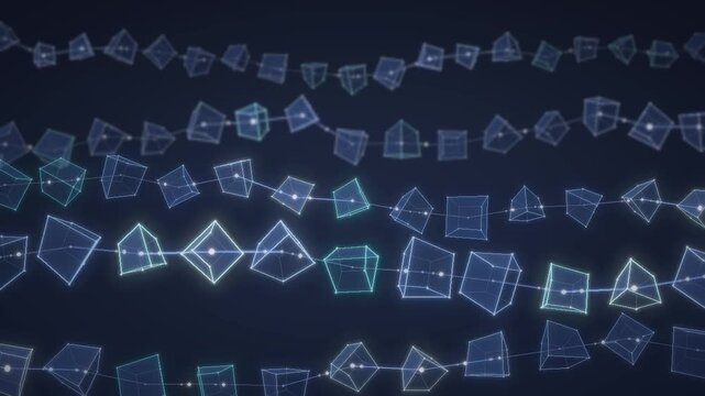 Blockchain cubes glowing wireframe blocks linked in a digital data network seamless loop in soft blue tones