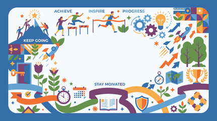 Fototapeta premium Success and personal growth motivation border with climbing icons.