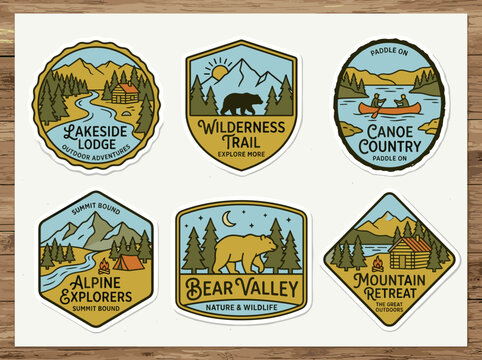 Vintage wilderness adventure badge collection with camping, hiking and outdoor exploration patch vector illustration