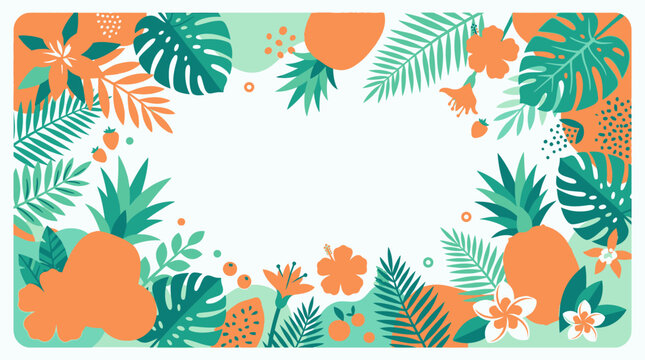 Tropical leaves and flowers botanical border design