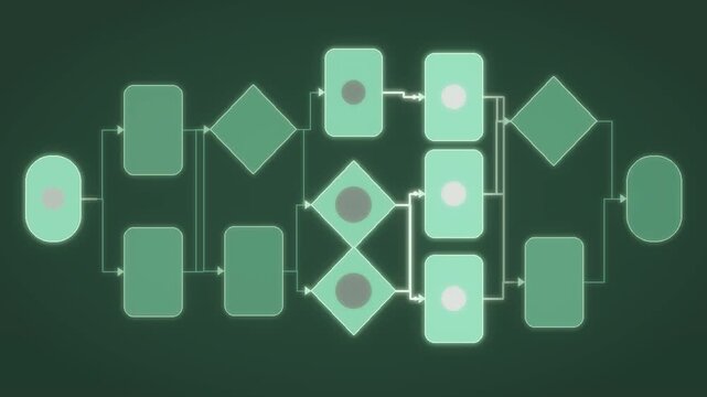 Business Process Flowchart with Flowing Pulse Through Nodes and Directed Arrows seamless loop in cool forest tones
