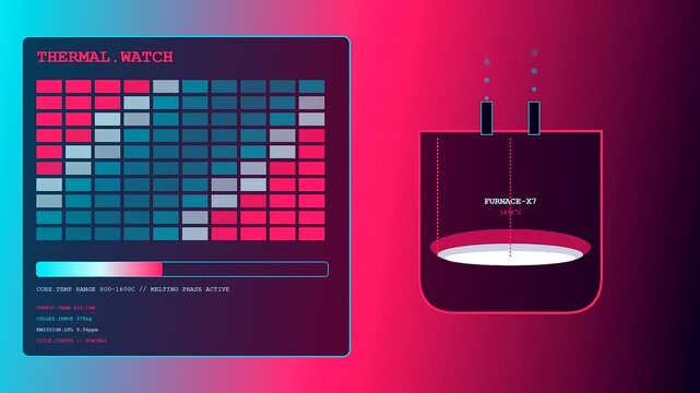 Vessel recycling data interface monitors industrial furnace heat levels within a glowing digital display system featuring active thermal monitoring cycles and shifting energy flow patterns