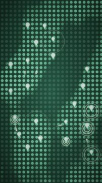 Abstract Dotted World Map with Dropping Location Pins and Pulsing Radar Rings, Global Network Business Background, seamless loop in cool emerald tones vertical 9:16