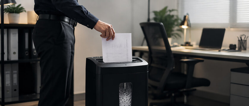 Person shredding confidential documents in modern office &mdash; secure document disposal