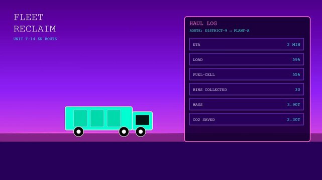 Automated vessel recycling monitoring interface displays real time truck logistics data with changing values across three sequential frames showing active fleet transport progress on purple screen