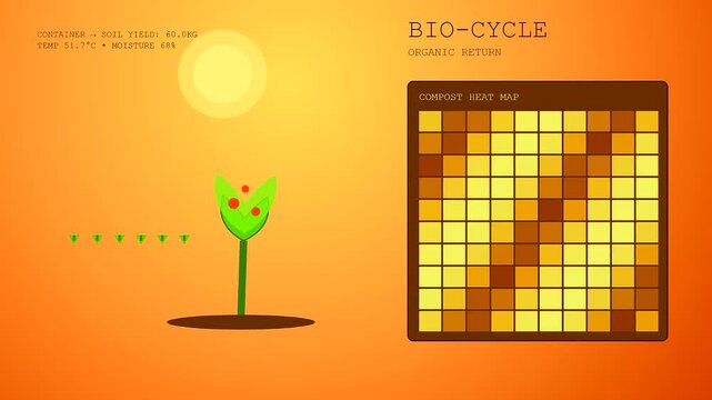 A digital vessel recycling animation shows the organic growth of a plant seedling emerging from a compost heap alongside a changing heat map data chart