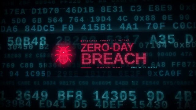 Zero day breach cyber security alert with red malware bug icon and glitch on hex code