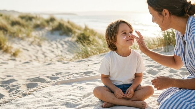 Mother applies sunscreen to child's cheek on sandy beach, gentle skincare ritual for sun protection, bright coastal daylight
