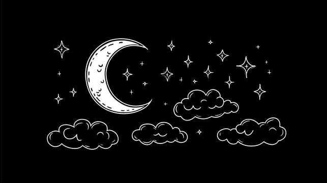 Half moon and clouds at night line icon vector illustration. Hand drawn outline cute crescent moon and stars of universe fly in sky for good sleep of kids, moonlight cloudy scene for childish decor
