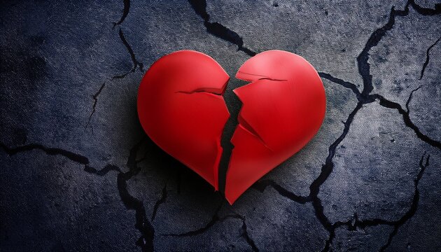 cracked red heart on dark concrete wall heartbreak concept