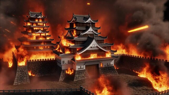 巨大な日本城郭が業火に包まれ天守閣や石垣から黒煙と火の粉が夜空へ激しく立ち昇る