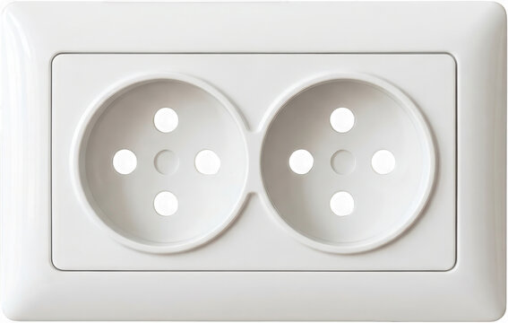 A clean white double electrical socket with four circular holes in each socket is visible positioned horizontally within a rectangular frame double socket power outlet electricity