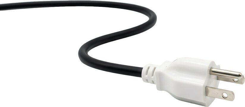 A white electrical plug with a black cord curves across the frame showcasing its metallic prongs and clear insulation power cord electricity cable connector