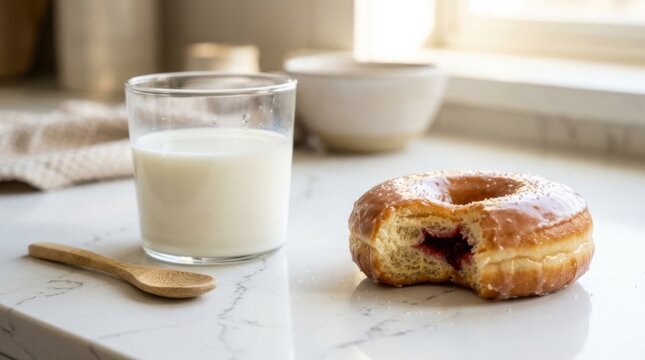 Bitten glazed doughnut with berry filling and glass of milk on white quartz counter with bright daylight and copy space