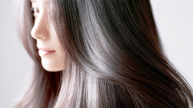 艶やかな黒髪のストレートロングヘアを見せる女性の横顔
