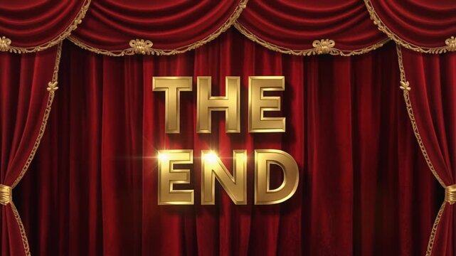 深紅のベルベット幕を背景に金色のTHE END文字が輝く豪華で格式高い劇場の終幕演出