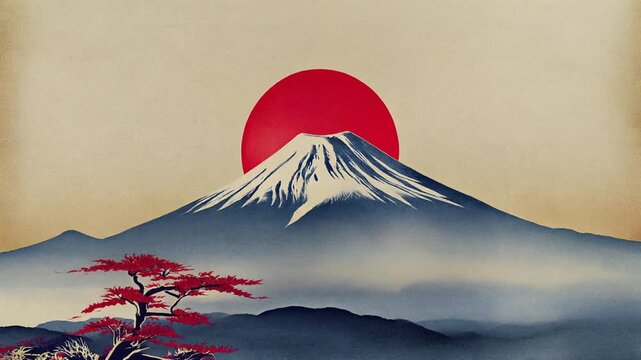 赤い太陽を背にした雄大な富士山を藍色と生成りで描く静寂と格調ある伝統的な和風版画