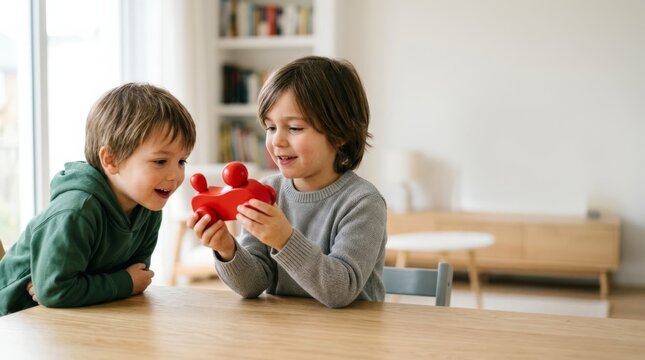 Two young boys share a happy moment showing off a bright red toy car at a wooden table, indoor candid lifestyle
