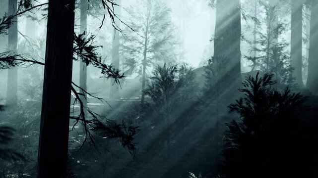 Light filters through tall trees in a dense forest. The scene shows mist hovering above the ground. Shadows and outlines of trees create an intriguing atmosphere in the early morning.