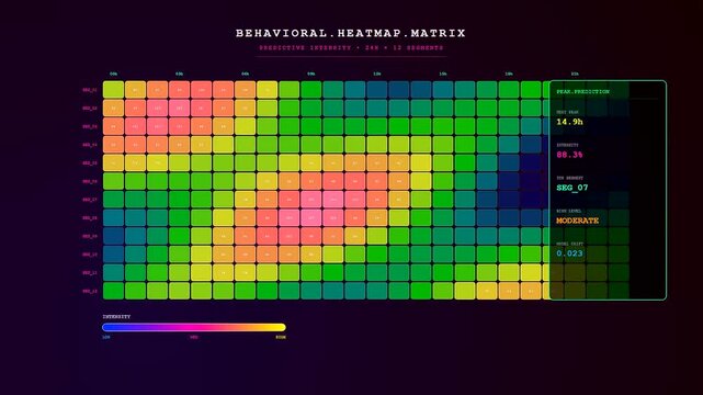 A modern predictive analytics dashboard dynamically visualizes behavioral trends as the vibrant heat map cells slowly shift and glow on a dark display.