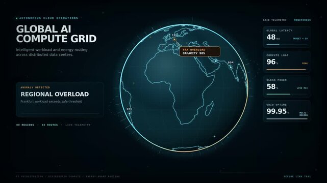 Global AI compute grid dashboard with rotating earth globe and cloud data center network