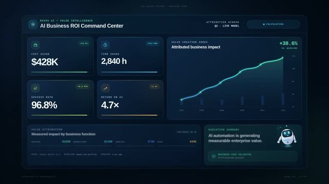AI business ROI dashboard with robot assistant and rising performance graph for enterprise value