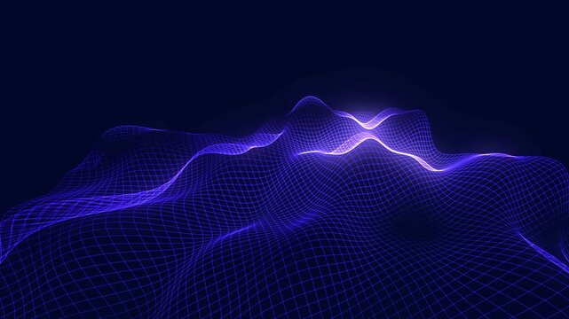 Abstract digital landscape grid terrain. Futuristic glowing wireframe mountain surface illuminated neon light