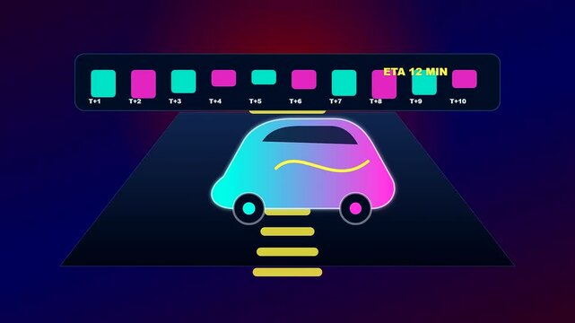 This futuristic animation displays a predictive analytics dashboard tracking an autonomous vehicle as it moves through a dark digital environment with real time estimated arrivals.